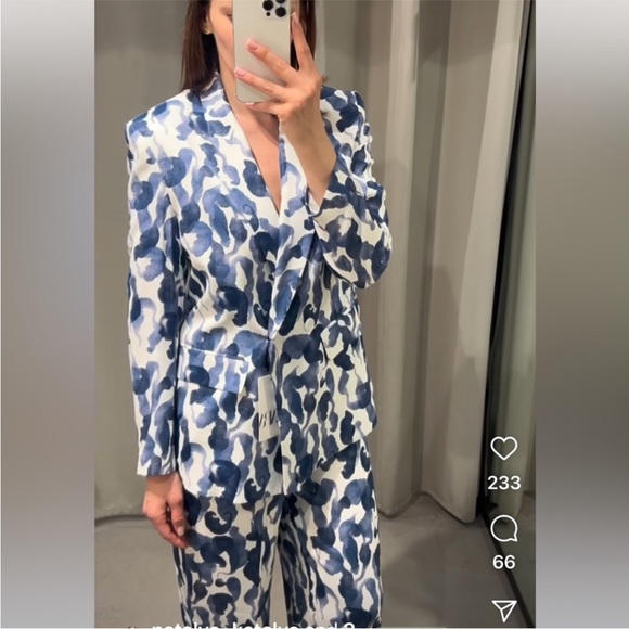 BNWT Zara Blue and White Printed Satin Double Breasted Blazer - Picture 3 of 7